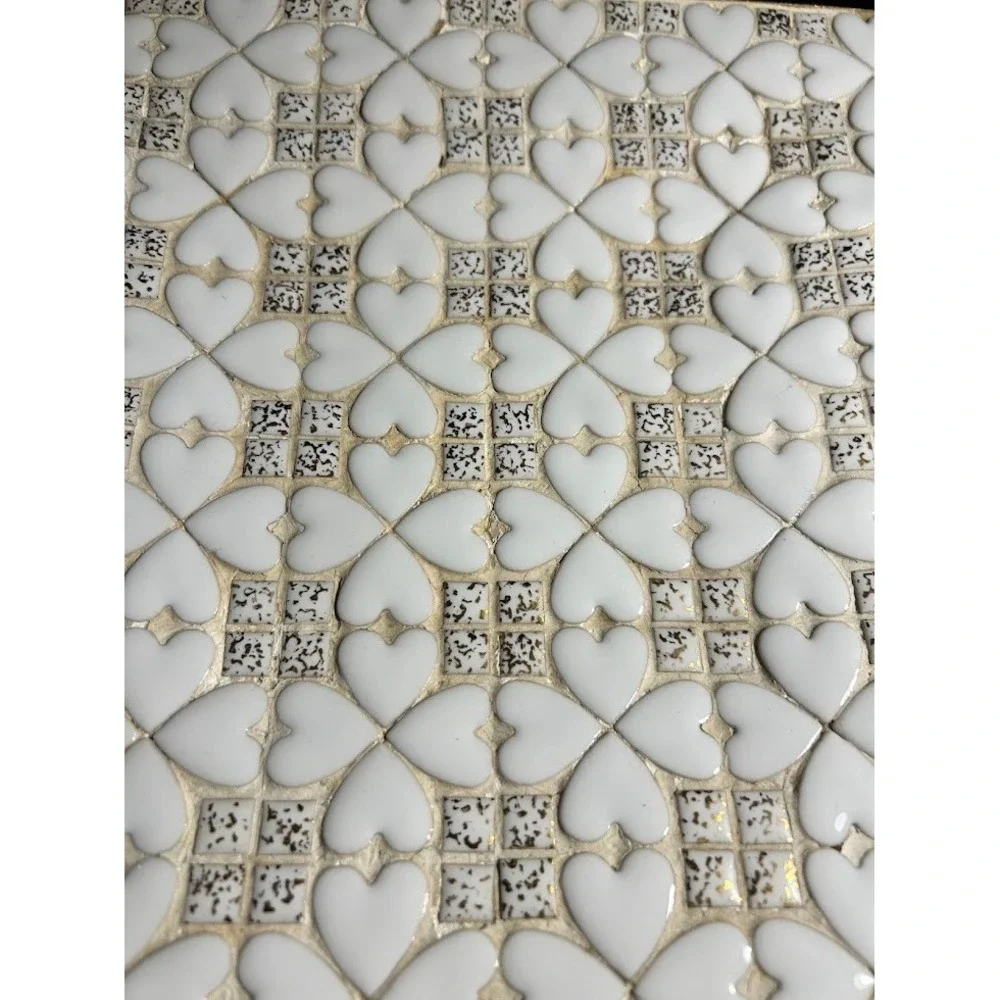 Mid Century Modern Mosaic‎ Heart Tray Gold Trim White Ceramic MCM